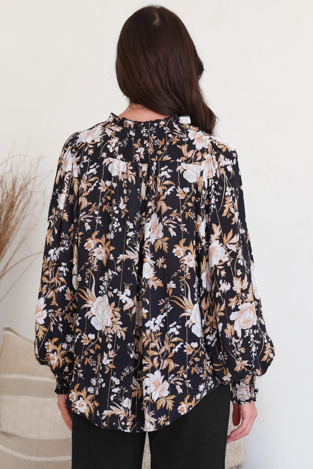 Moree Blouse - Frill Collar Neck Tie Button Down Shirt in Sorrento Print Black