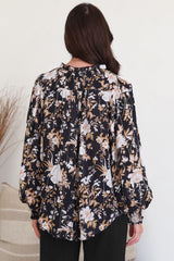 Moree Blouse - Frill Collar Neck Tie Button Down Shirt in Sorrento Print Black