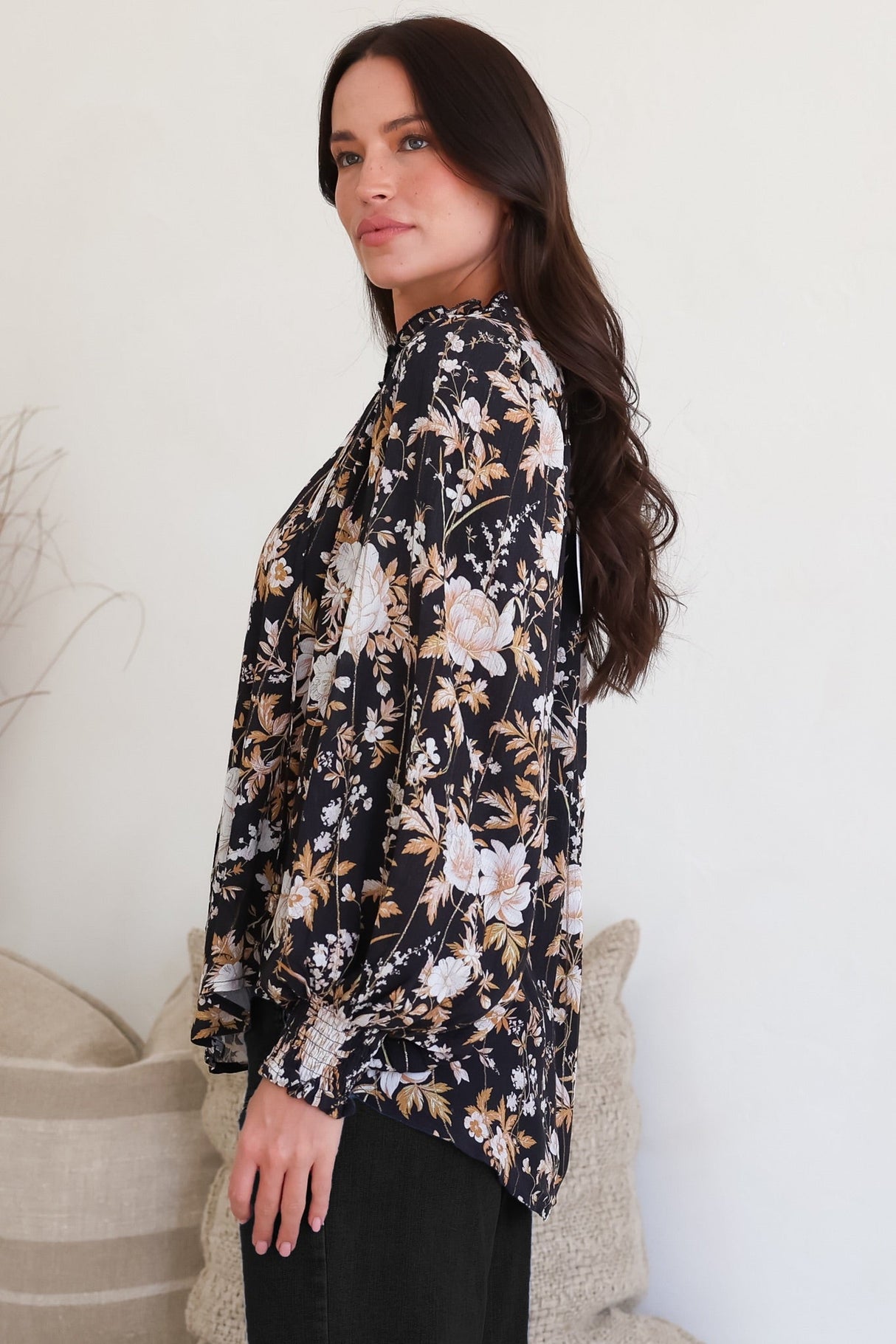 Moree Blouse - Frill Collar Neck Tie Button Down Shirt in Sorrento Print Black