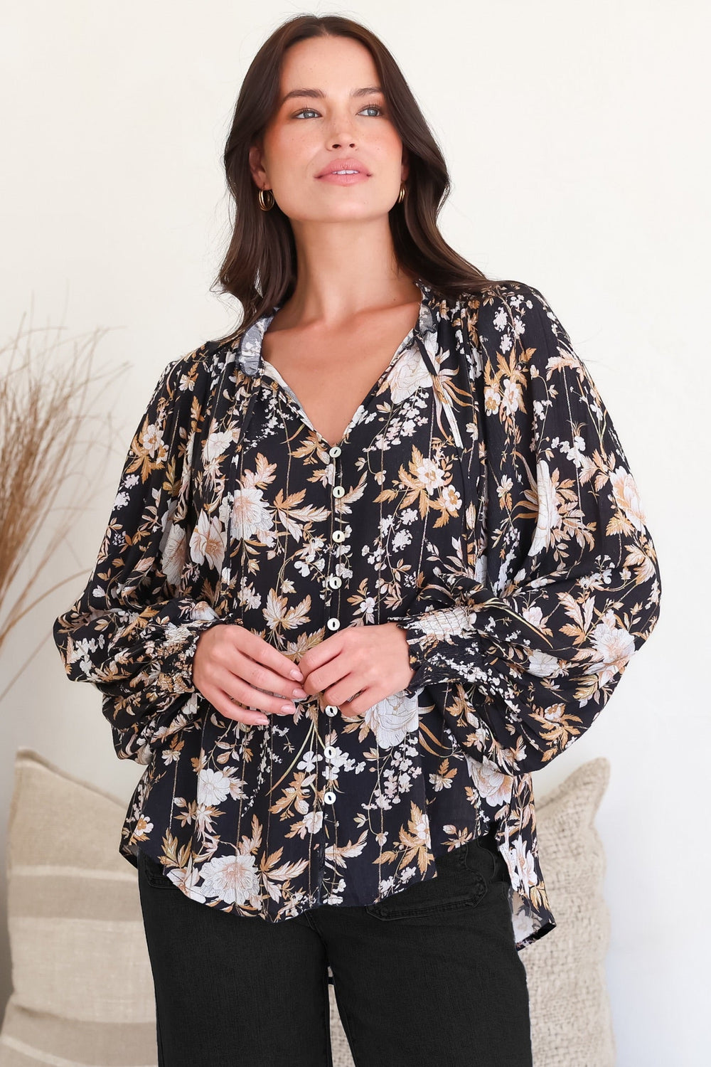 Moree Blouse - Frill Collar Neck Tie Button Down Shirt in Sorrento Print Black