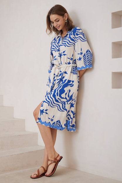 Moreno Midi Dress: Collared Button Down Dress with Rope Belt in Salt Lake Print Blue