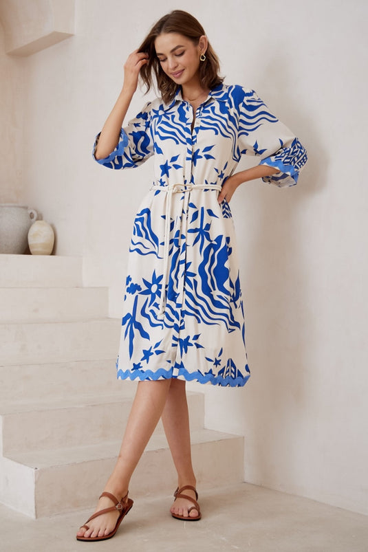 Moreno Midi Dress: Collared Button Down Dress with Rope Belt in Salt Lake Print Blue