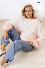 Morgan Jumper - Chunky High Neck Colour Block Knit Jumper in Cream Splice
