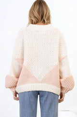 Morgan Jumper - Chunky High Neck Colour Block Knit Jumper in Cream Splice