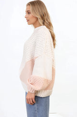 Morgan Jumper - Chunky High Neck Colour Block Knit Jumper in Cream Splice