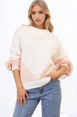 Morgan Jumper - Chunky High Neck Colour Block Knit Jumper in Cream Splice