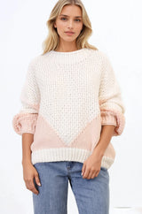 Morgan Jumper - Chunky High Neck Colour Block Knit Jumper in Cream Splice