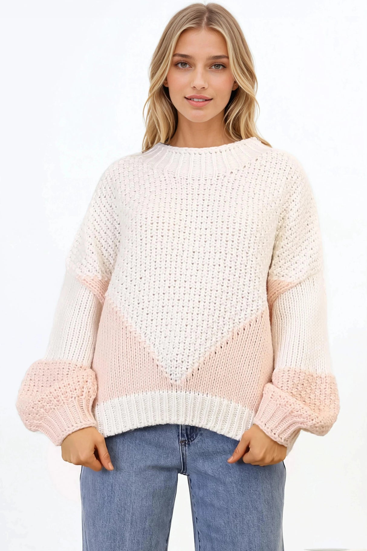 Morgan Jumper - Chunky High Neck Colour Block Knit Jumper in Cream Splice