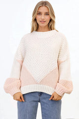 Morgan Jumper - Chunky High Neck Colour Block Knit Jumper in Cream Splice