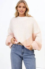 Morgan Jumper - Chunky High Neck Colour Block Knit Jumper in Cream Splice