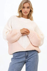 Morgan Jumper - Chunky High Neck Colour Block Knit Jumper in Cream Splice