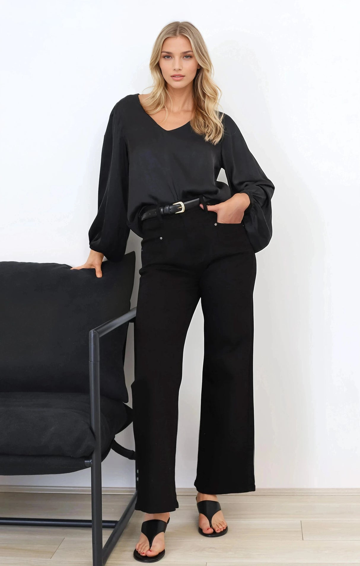 Morgana Blouse - Soft V-Neckline Pull Over Top with Balloon Sleeves in Black