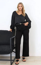 Morgana Blouse - Soft V-Neckline Pull Over Top with Balloon Sleeves in Black