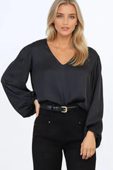 Morgana Blouse - Soft V-Neckline Pull Over Top with Balloon Sleeves in Black