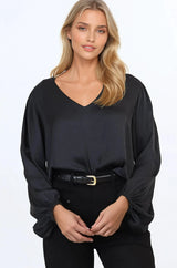 Morgana Blouse - Soft V-Neckline Pull Over Top with Balloon Sleeves in Black