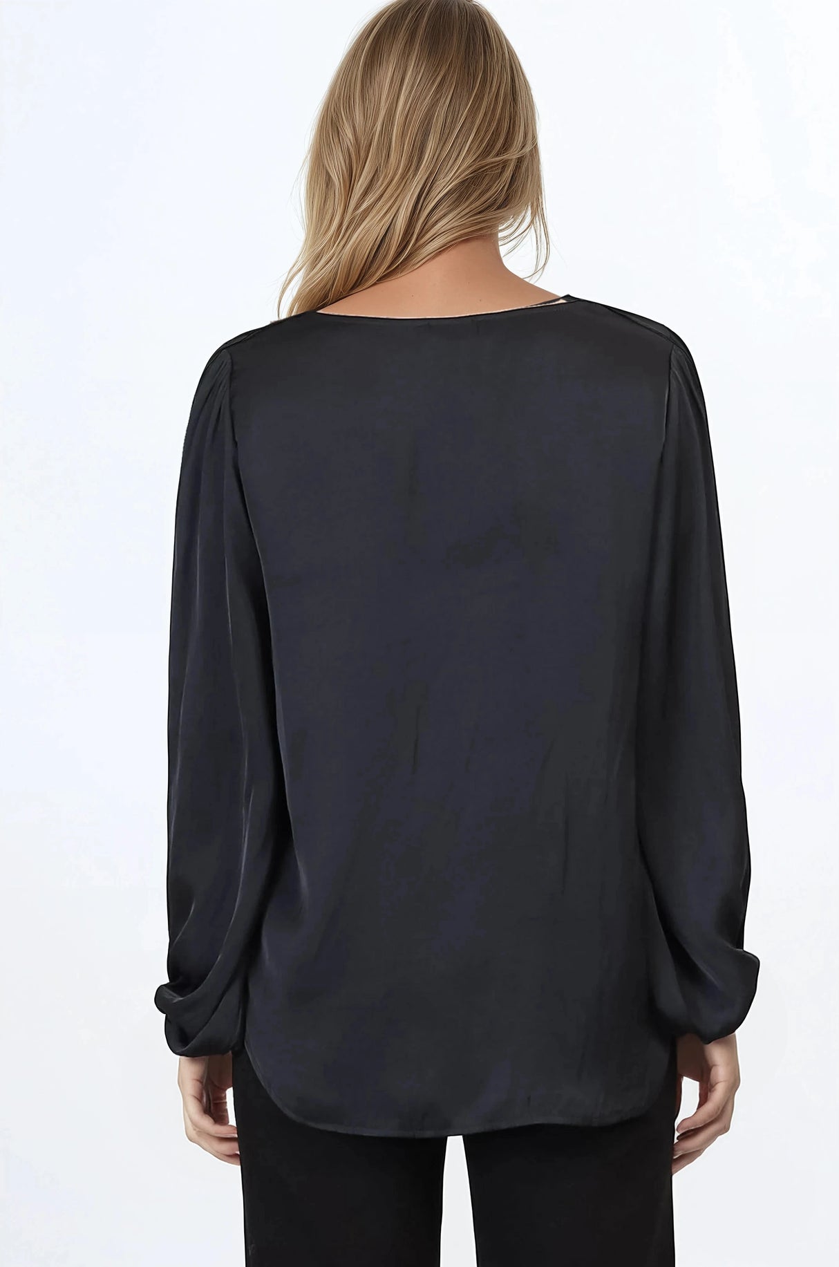 Morgana Blouse - Soft V-Neckline Pull Over Top with Balloon Sleeves in Black