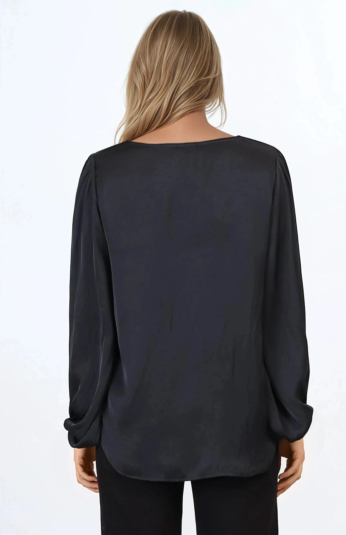 Morgana Blouse - Soft V-Neckline Pull Over Top with Balloon Sleeves in Black