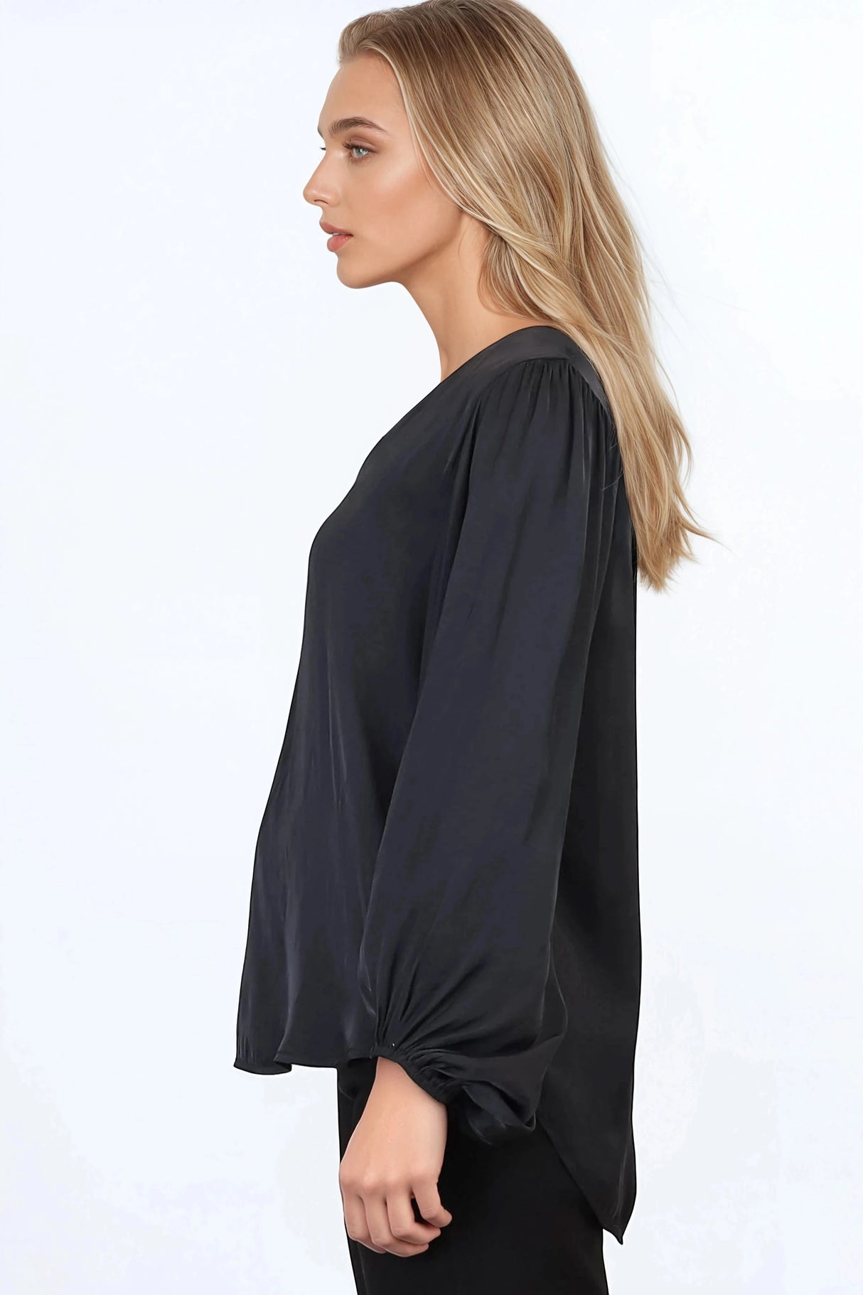 Morgana Blouse - Soft V-Neckline Pull Over Top with Balloon Sleeves in Black