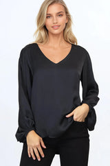 Morgana Blouse - Soft V-Neckline Pull Over Top with Balloon Sleeves in Black