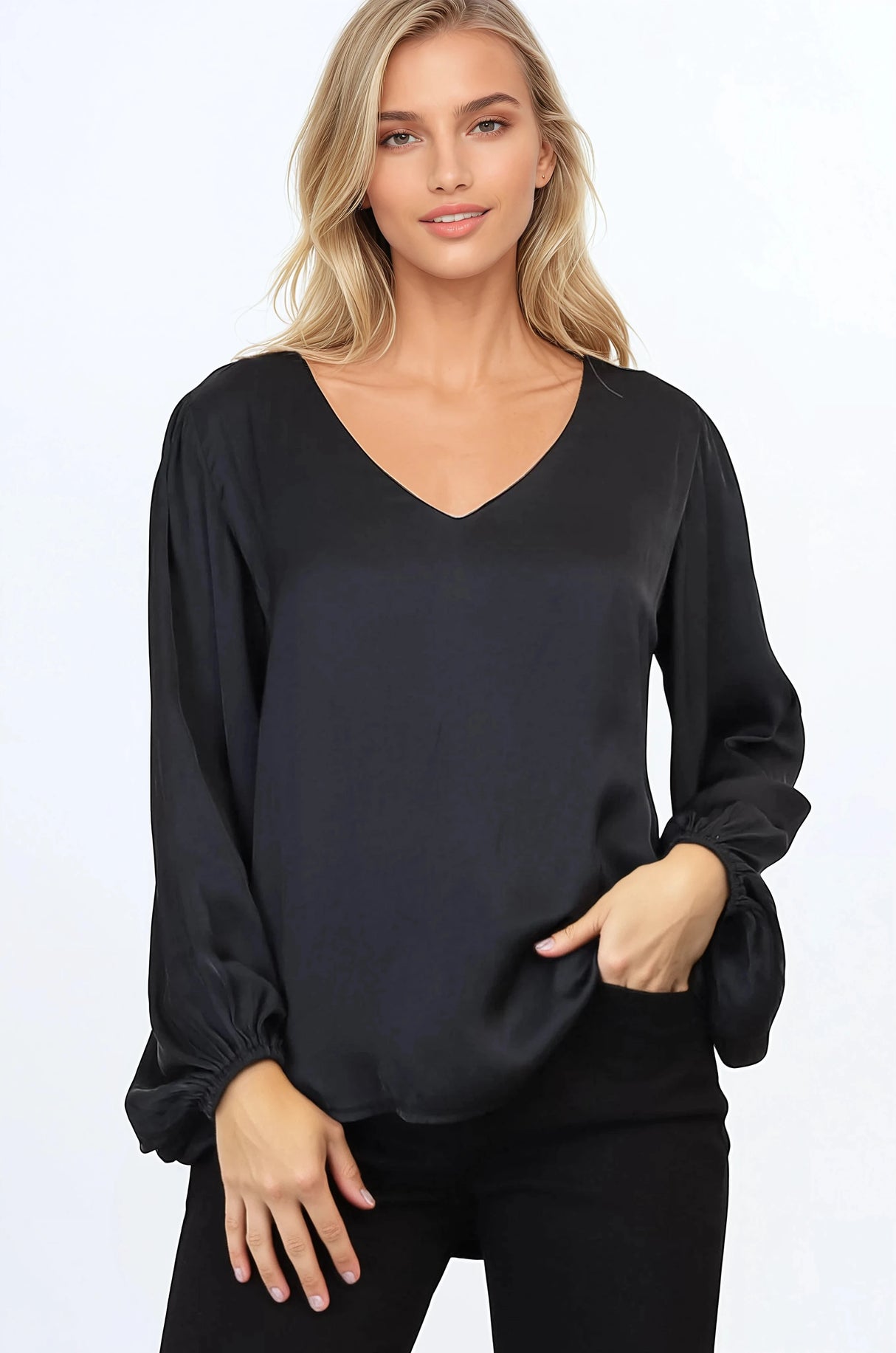 Morgana Blouse - Soft V-Neckline Pull Over Top with Balloon Sleeves in Black