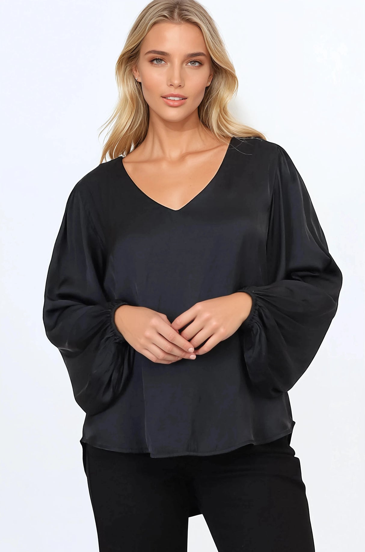 Morgana Blouse - Soft V-Neckline Pull Over Top with Balloon Sleeves in Black