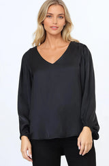 Morgana Blouse - Soft V-Neckline Pull Over Top with Balloon Sleeves in Black