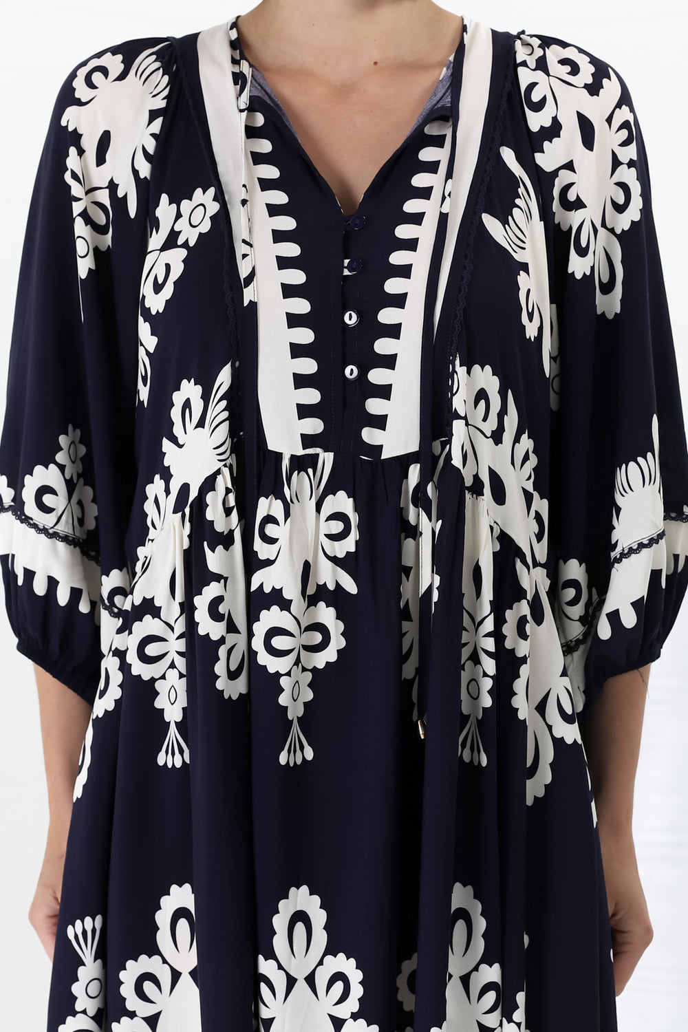 Kamali Midi Dress - Batwing Sleeve Smock Dress with Lace Detailing in Casper Print Navy