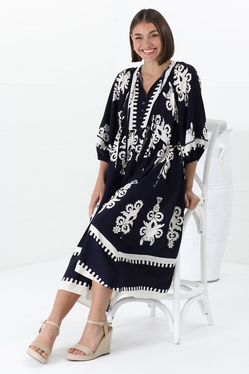 Kamali Midi Dress - Batwing Sleeve Smock Dress with Lace Detailing in Casper Print Navy