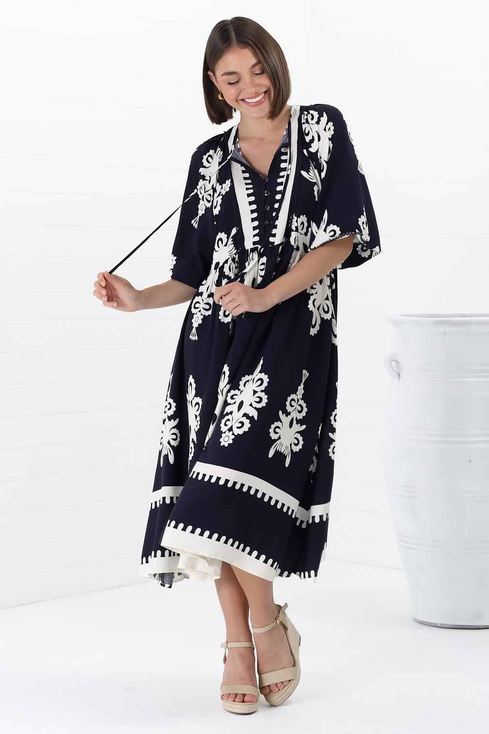 Kamali Midi Dress - Batwing Sleeve Smock Dress with Lace Detailing in Casper Print Navy