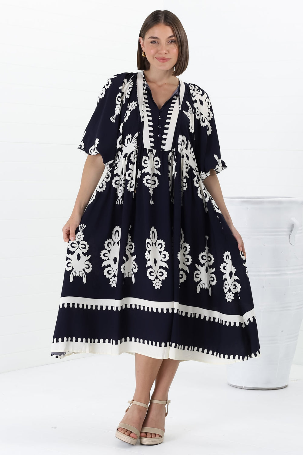 Kamali Midi Dress - Batwing Sleeve Smock Dress with Lace Detailing in Casper Print Navy