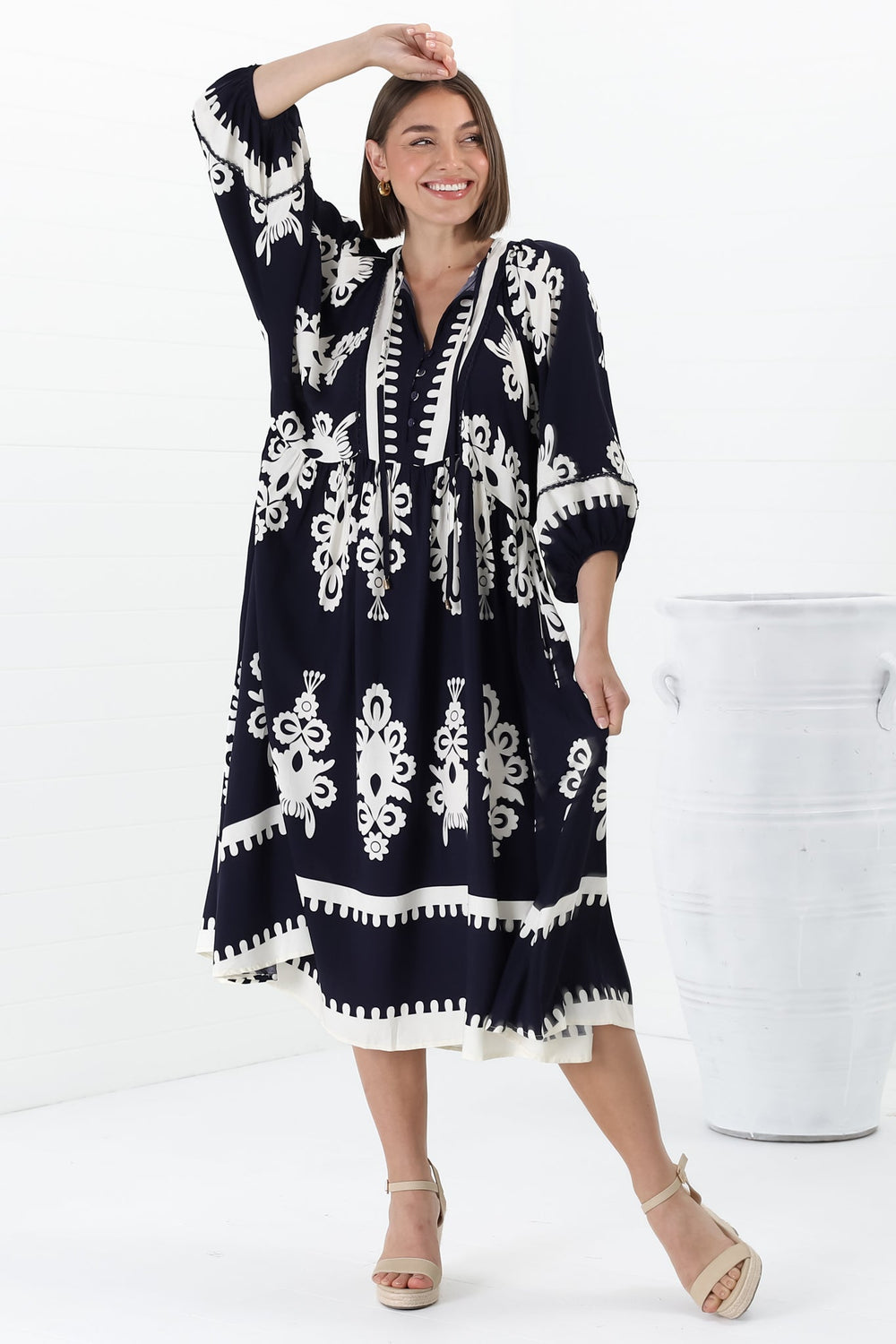 Kamali Midi Dress - Batwing Sleeve Smock Dress with Lace Detailing in Casper Print Navy