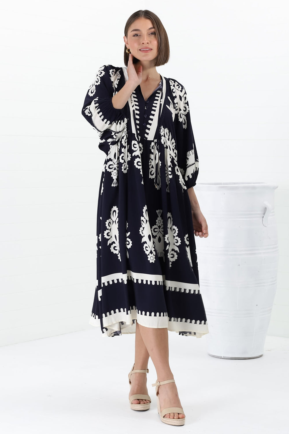 Kamali Midi Dress - Batwing Sleeve Smock Dress with Lace Detailing in Casper Print Navy