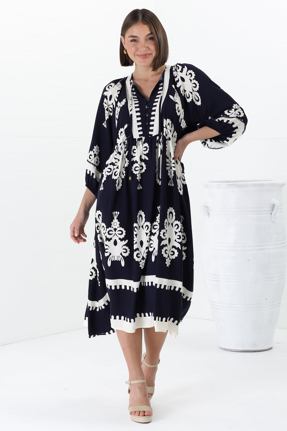 Kamali Midi Dress - Batwing Sleeve Smock Dress with Lace Detailing in Casper Print Navy
