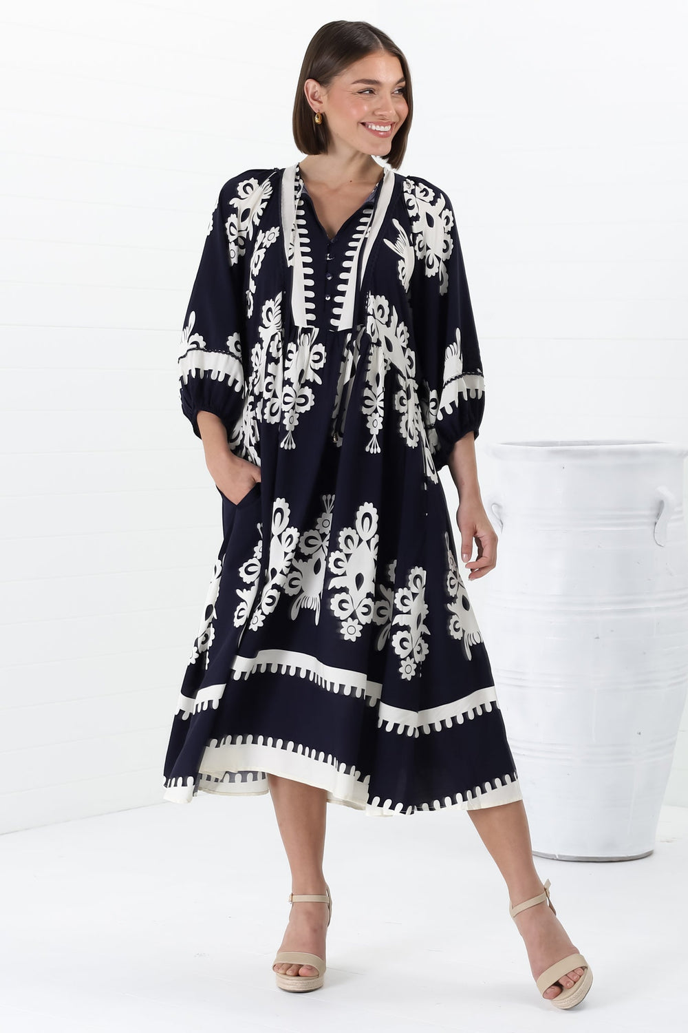 Kamali Midi Dress - Batwing Sleeve Smock Dress with Lace Detailing in Casper Print Navy