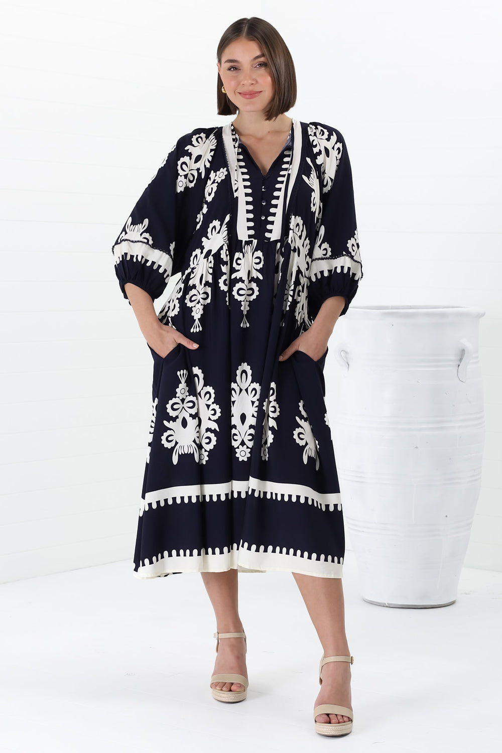 Kamali Midi Dress - Batwing Sleeve Smock Dress with Lace Detailing in Casper Print Navy