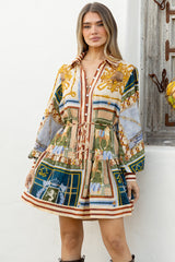 Morso Mini Dress - Wing Collar Front Button Placket Tiered Hem with Balloon Sleeves and String Belt in Regalia Print