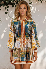 Model wearing Morso Mini Dress in Regalia Print from Salty Crush