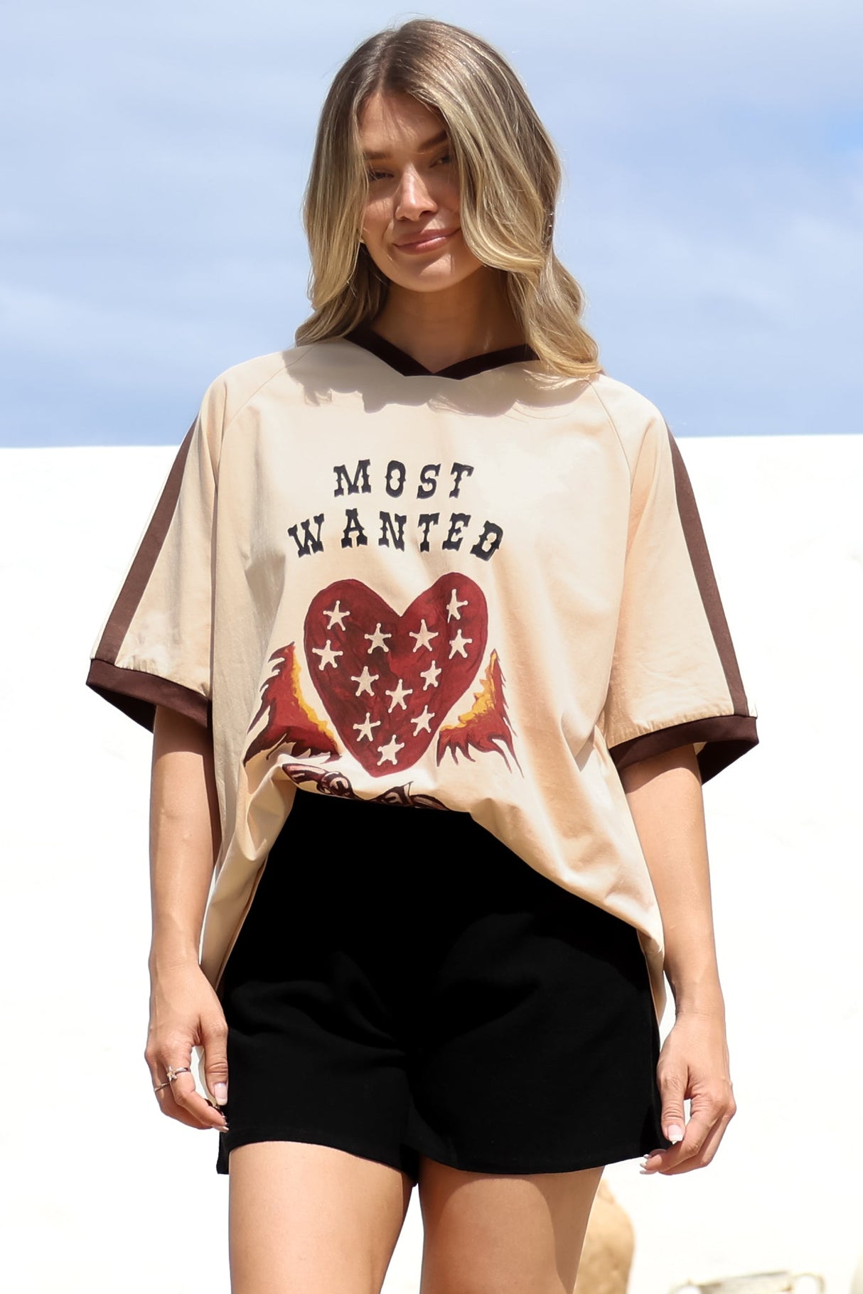Most Wanted Tee - Graphic Print Short Sleeve T-Shirt with Racer Stripe Sleeves in Beige