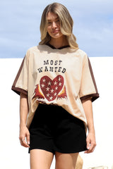 Most Wanted Tee - Graphic Print Short Sleeve T-Shirt with Racer Stripe Sleeves in Beige