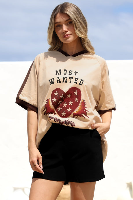 Most Wanted Tee - Graphic Print Short Sleeve T-Shirt with Racer Stripe Sleeves in Beige