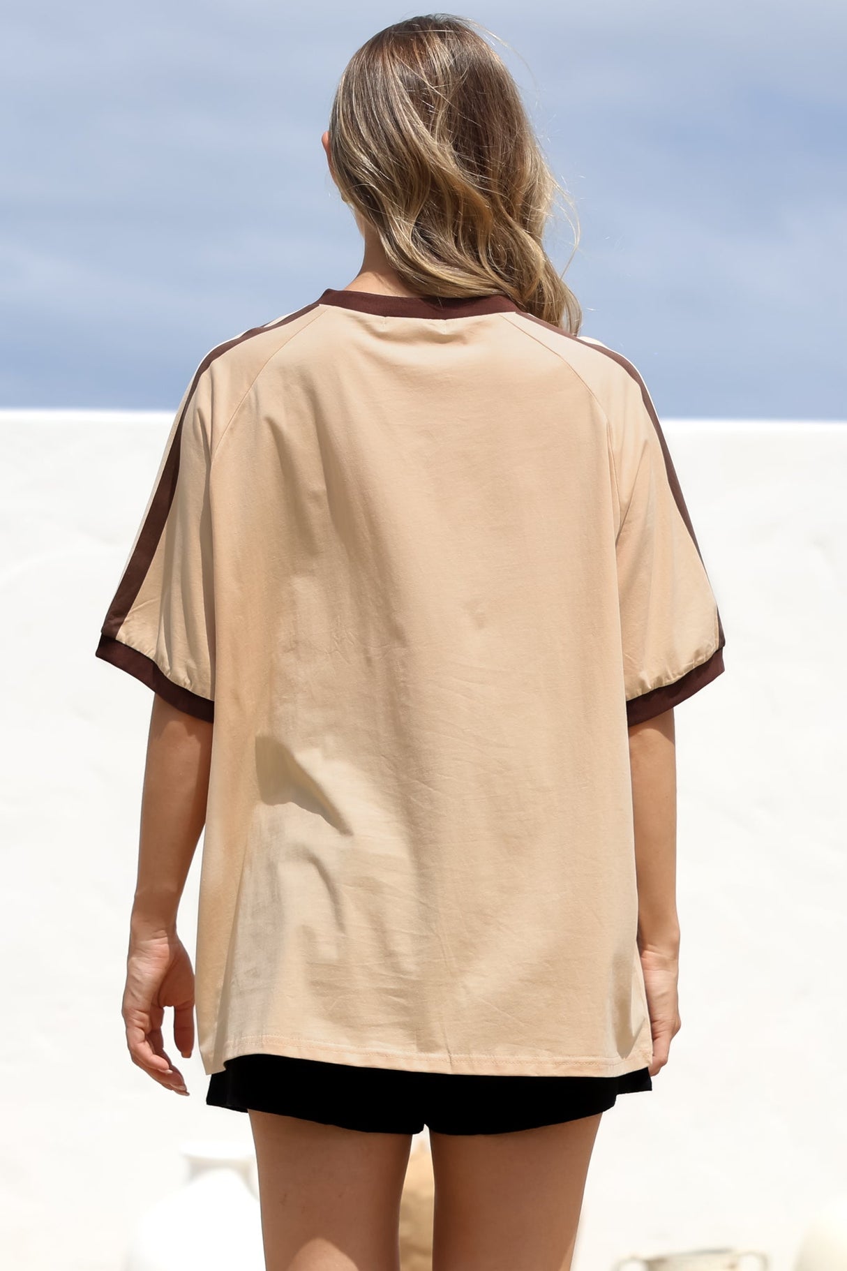 Most Wanted Tee - Graphic Print Short Sleeve T-Shirt with Racer Stripe Sleeves in Beige