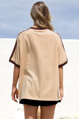 Most Wanted Tee - Graphic Print Short Sleeve T-Shirt with Racer Stripe Sleeves in Beige
