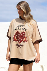 Most Wanted Tee - Graphic Print Short Sleeve T-Shirt with Racer Stripe Sleeves in Beige