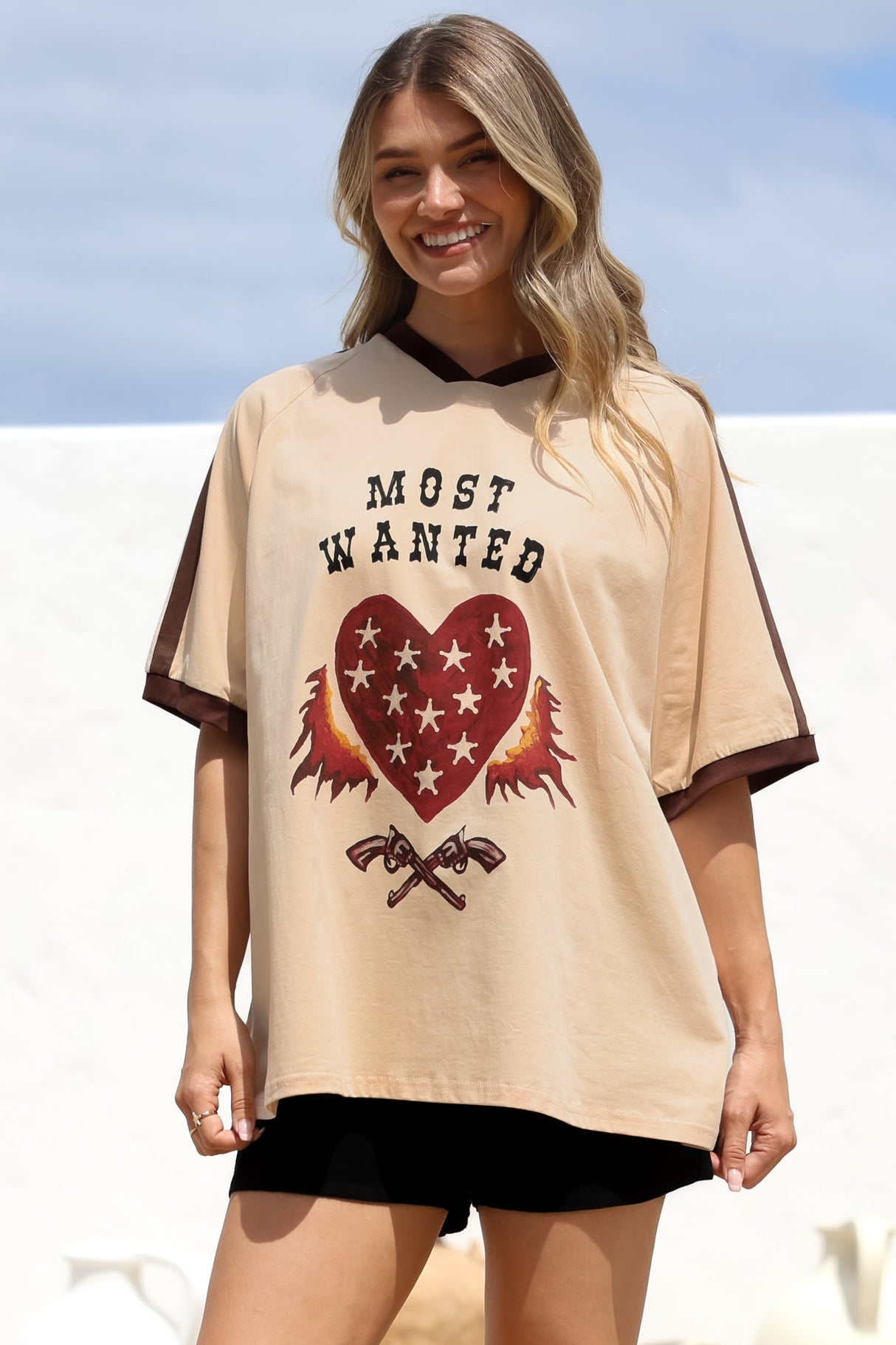 Most Wanted Tee - Graphic Print Short Sleeve T-Shirt with Racer Stripe Sleeves in Beige