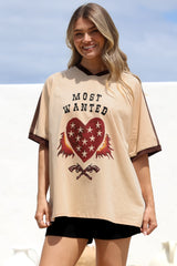 Most Wanted Tee - Graphic Print Short Sleeve T-Shirt with Racer Stripe Sleeves in Beige