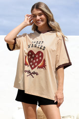 Most Wanted Tee - Graphic Print Short Sleeve T-Shirt with Racer Stripe Sleeves in Beige