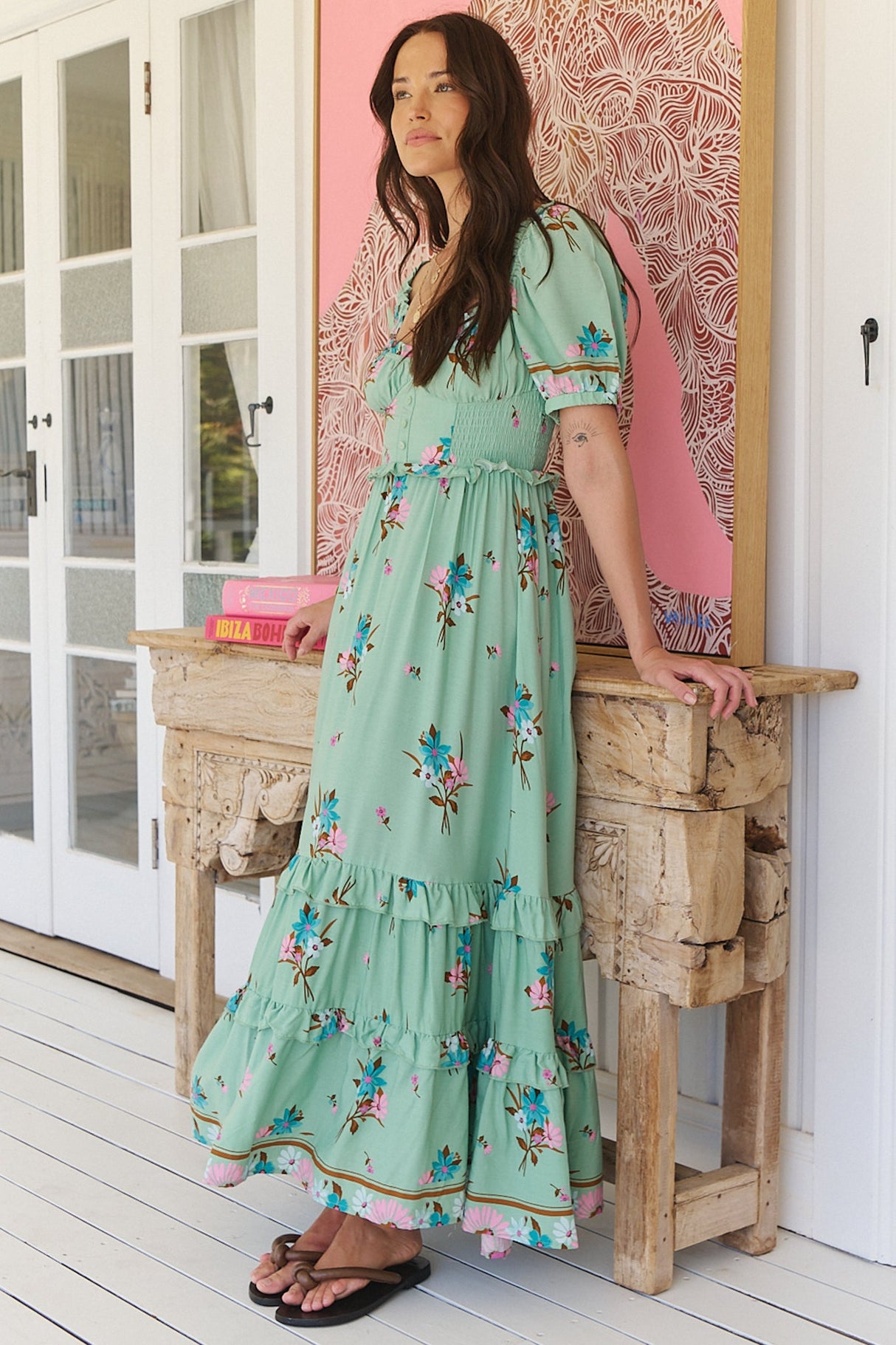 Moyo Midi Dress - A-Line Dress with Frill Splicing and Milkmaid Neckline in Maribel Print