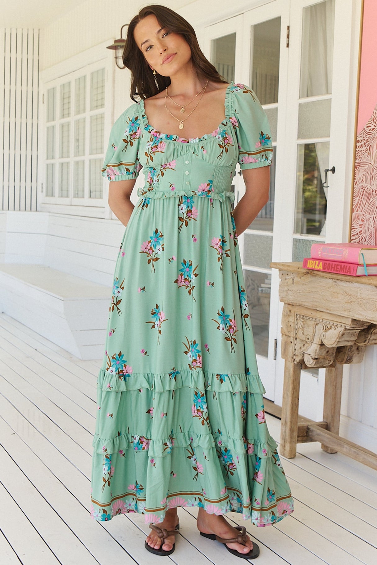 Moyo Midi Dress - A-Line Dress with Frill Splicing and Milkmaid Neckline in Maribel Print