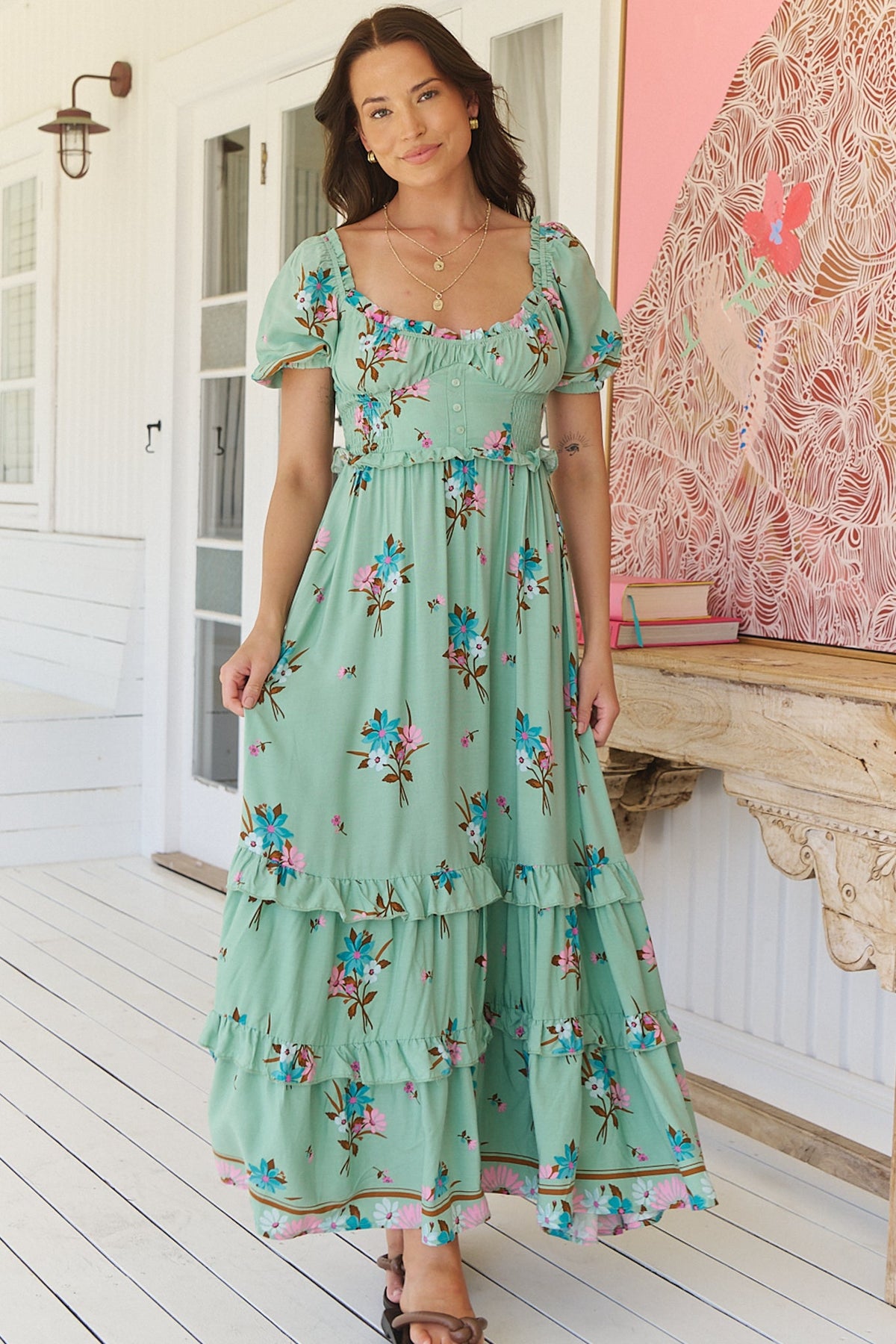 Moyo Midi Dress Line Dress Frill Splicing Milkmaid Neckline Maribel Print