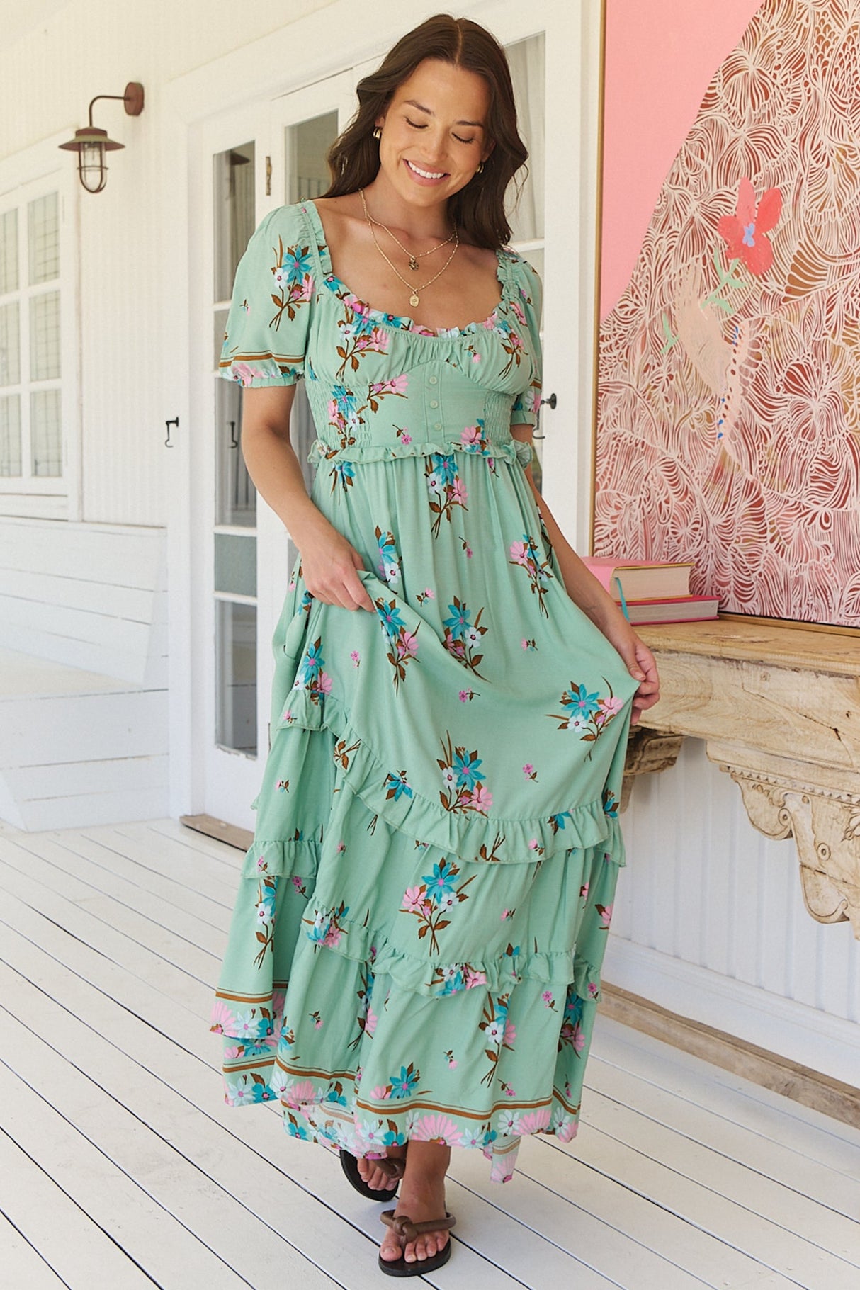 Moyo Midi Dress - A-Line Dress with Frill Splicing and Milkmaid Neckline in Maribel Print